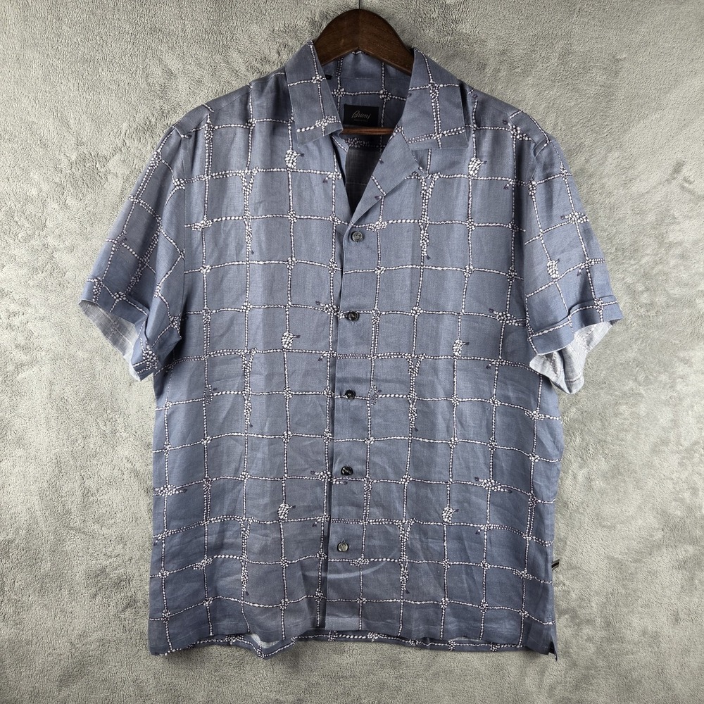 Brioni Nautical Camp Shirt Mens M 100% Linen Button Short Sleeve Made In Italy